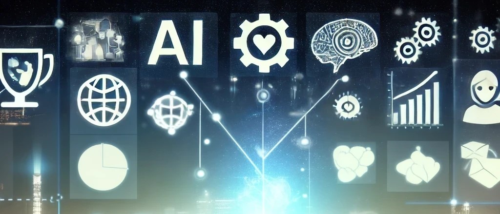 Imagem destacando ícones relacionados à inteligência artificial e inteligência de mercado, incluindo gráficos, engrenagens e um cérebro, simbolizando o uso da IA para melhorar a análise de dados e decisões estratégicas empresariais.